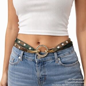 Y2K Green Bronze Rhinestone Twist Belt Ring Front Gold Clip 33”